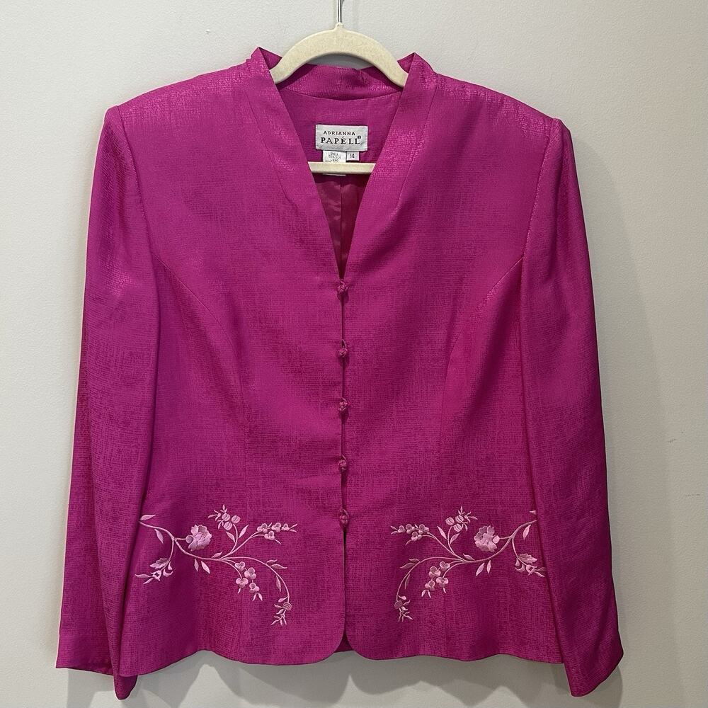 VTG ADRIANNA PAPELL Women’s Fuchsia silk blazer jacket embroidered Size 14